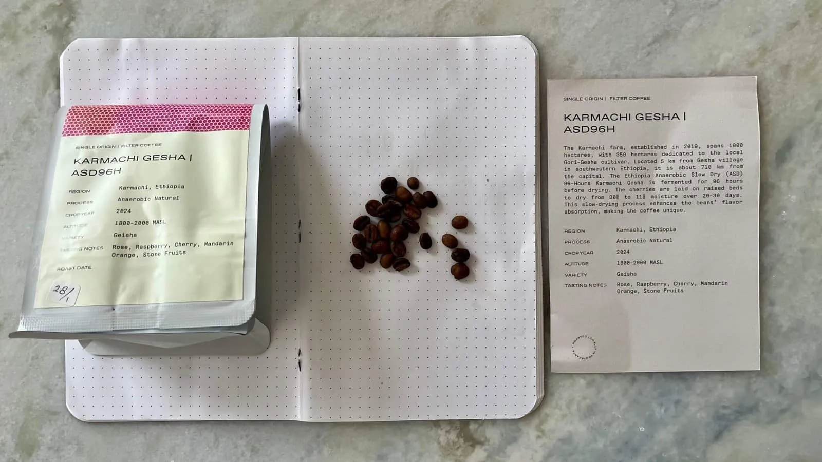 Detailed image of Karmachi Gesha single-origin coffee beans from Ethiopia, along with tasting notes and processing details, showcasing premium coffee quality for connoisseurs and enthusiasts.