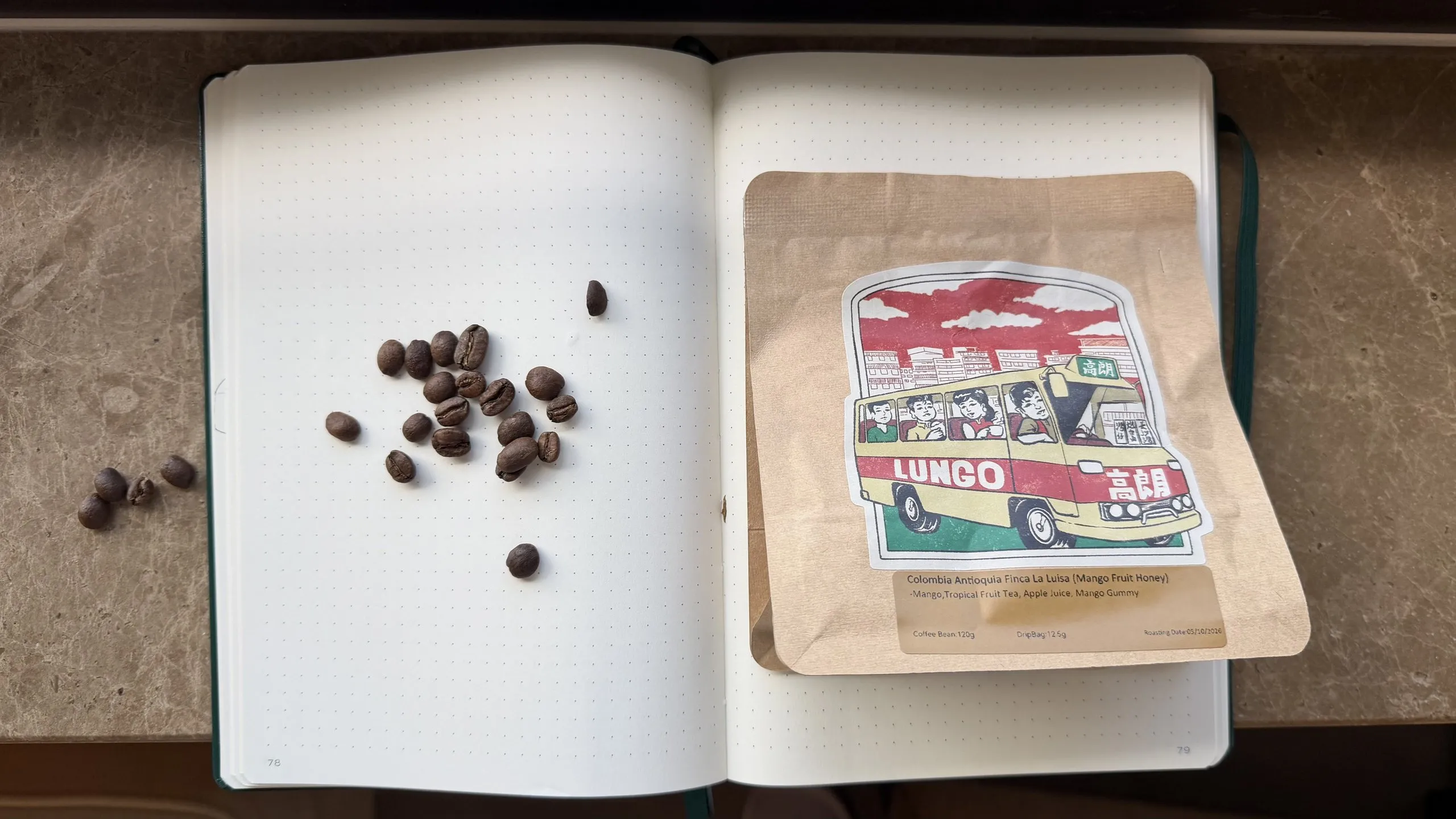 Lungo Finca La Luisa coffee bag with its Hong Kong minibus label beside roasted beans on an open dot-grid notebook