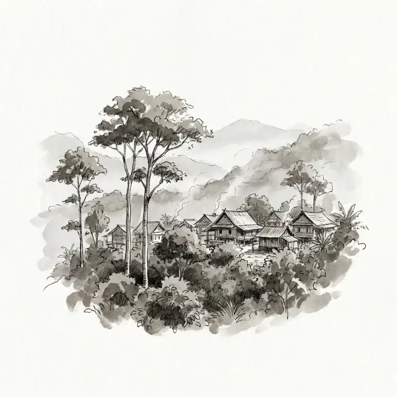 Batu Dulang, Sumbawa — ink-wash illustration of a forest village under tall trees
