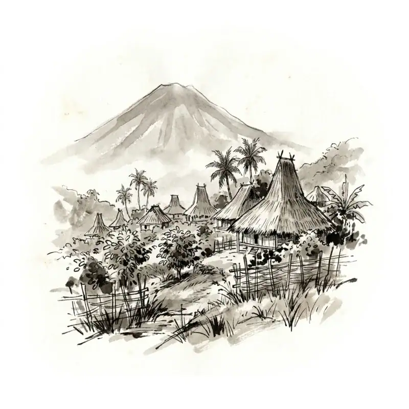 Bajawa & Manggarai, Flores — ink-wash illustration of village gardens under Mount Inerie