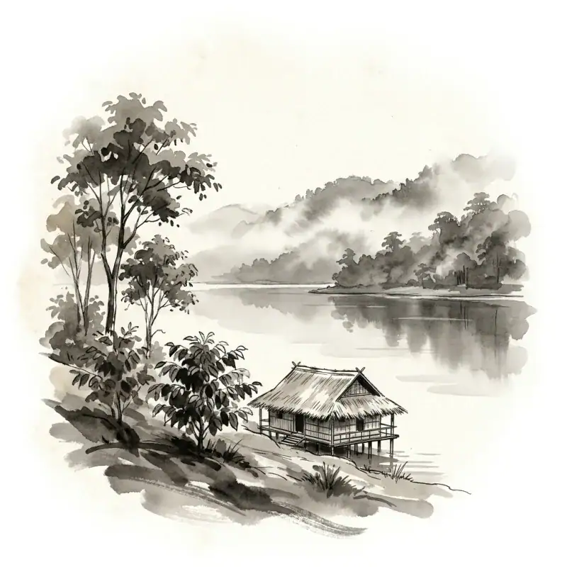 Gayo Highlands — ink-wash illustration of a lakeside hut below forested hills